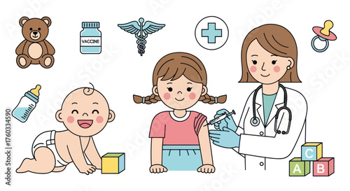 Cartoon Illustration of Pediatric Doctor Vaccinating Child with Baby and Medical Supplies.