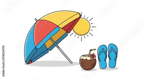 Colorful Beach Umbrella Sun Coconut Drink and Flip-Flops.