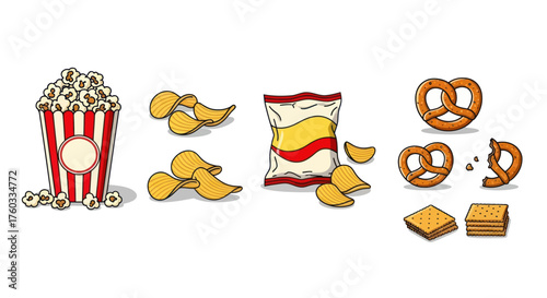 Assortment of Popular Snack Foods Including Popcorn Potato Chips Pretzels and Crackers.