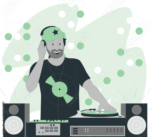 Smiling male DJ with headphones and star cap plays music on turntable with speakers and circular pattern background