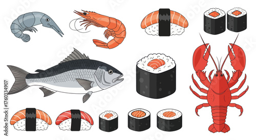 Collection of fresh seafood and sushi: whole fish shrimp lobster salmon nigiri and maki rolls.