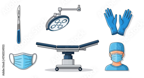 Vector Illustration of Essential Surgical Tools and Medical Equipment Set.