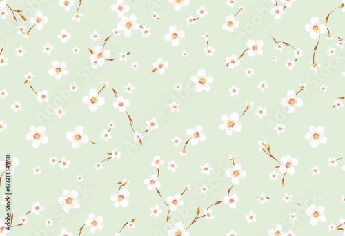Delicate white ditsy floral pattern on pastel mint green background; tiny flowers, spring, leaves, vector, repeat, texture, wallpaper, print, clean