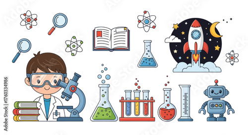 Cartoon Science Education Set with Young Scientist Lab Equipment Rocket and Robot.