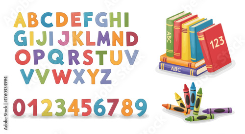 Colorful Alphabet Letters Numbers Books and Crayons Illustration for Education.