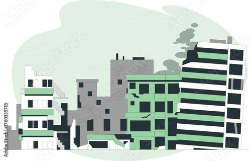Destroyed buildings with smoke rising in a city landscape Keywords: destruction, disaster, war, earthquake, explosion, damage, ruin, city, buildings, architecture, aftermath, rubble, debris, smoke