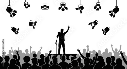 Silhouette of a Speaker on Stage Addressing Audience.