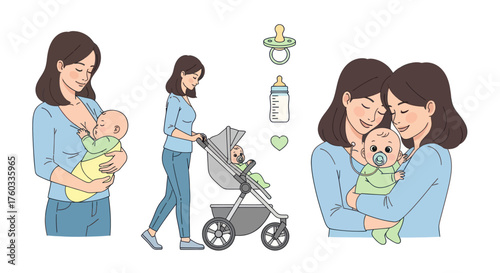 Motherhood moments: breastfeeding stroller walk and tender embrace with baby.