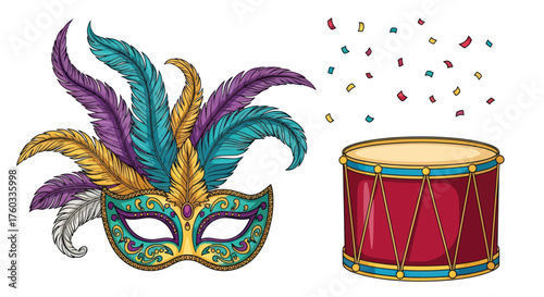 Festive illustration of a Mardi Gras mask with purple teal and gold feathers next to a red drum.