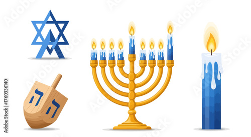 Traditional Hanukkah Symbols Collection: Menorah Dreidel Star of David Blue Candle.