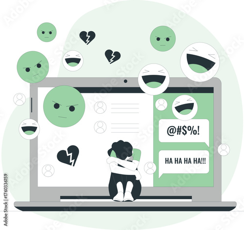 Sad person on a laptop surrounded by angry and laughing emojis representing cyberbullying computer