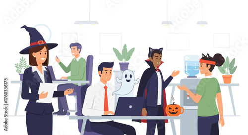 Halloween in the office Coworkers dressed in spooky costumes celebrating a corporate holiday party