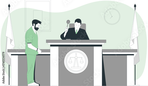 Judge in a courtroom striking a gavel with a defendant standing before him Keywords: courtroom, judge, defendant, law, justice, legal, trial, gavel, court, legal system, judgment, sentence, crime