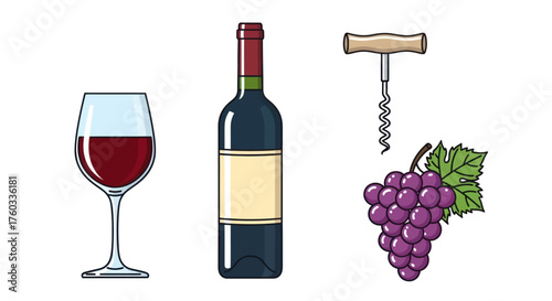 Collection of Wine Elements: Bottle Glass Grapes Corkscrew.