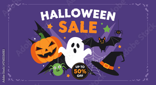 Halloween Sale promotion banner with cute cartoon ghost pumpkin bat and spiders