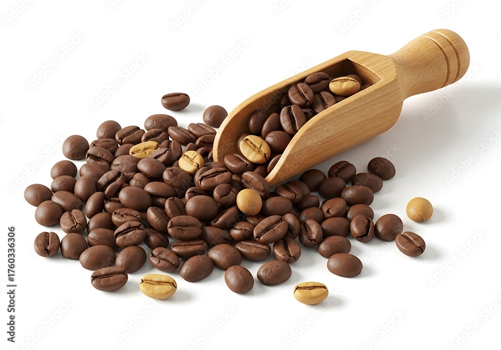 Fototapeta premium Fresh Roasted Coffee Beans with Wooden Scoop on White Background