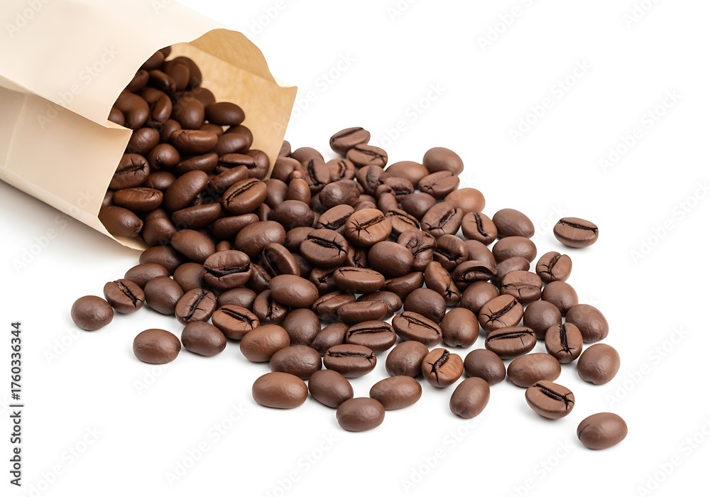 Naklejka premium Freshly Roasted Coffee Beans Spilled from a Kraft Paper Bag on White Background