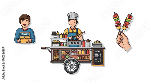 Smiling Street Food Vendor Cooking Delicious Snacks on a Mobile Cart.