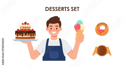 Smiling male character holding chocolate cake and ice cream cone with donut and candy set.