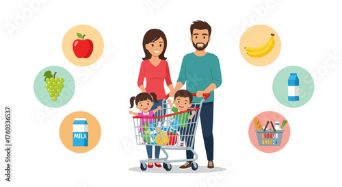 Happy Family Grocery Shopping with Children in Cart Surrounded by Food Icons.