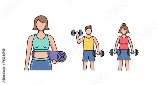 Diverse group of people engaged in fitness activities with weights and yoga mat.