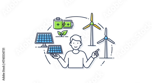 Sustainable Energy Advocate: Man Presenting Solar Panels Batteries and Wind Turbines for Green Solutions.