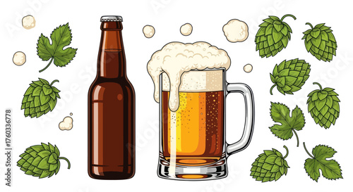 Vector Illustration of Beer Bottle and Mug with Foam.