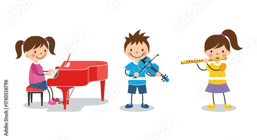 Happy cartoon children playing musical instruments: piano violin and flute.