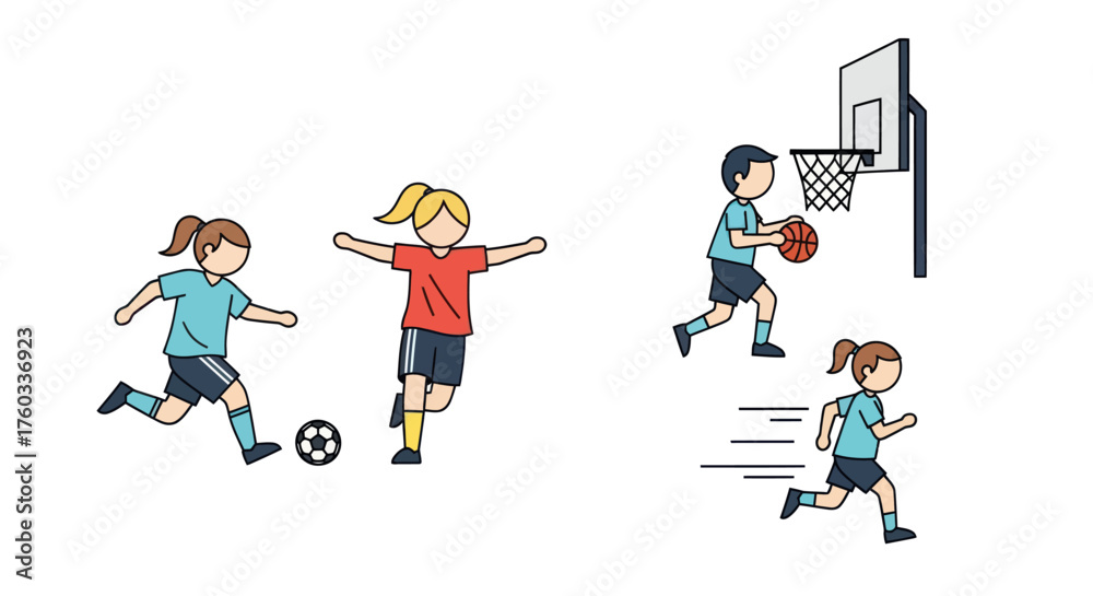Fototapeta premium Happy cartoon children playing soccer basketball and running.