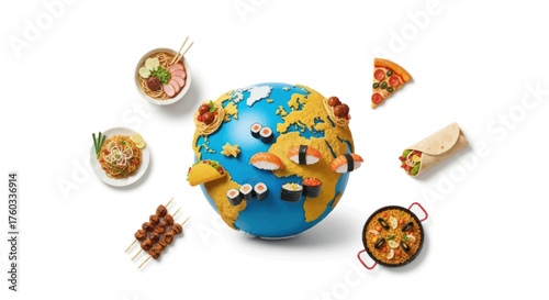 A culinary globe showcasing diverse international dishes and cuisines from around the world.