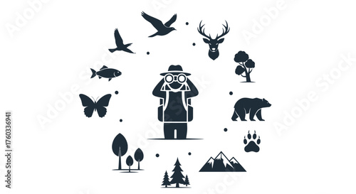 Silhouette of a Hiker Observing Wildlife with Binoculars.