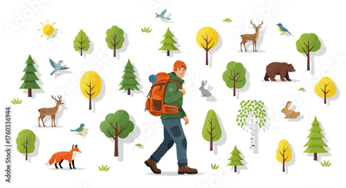 Man hiking with backpack surrounded by forest trees and wild animals.