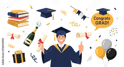 Cheerful Male Graduate with Diploma and Academic Celebration Items.