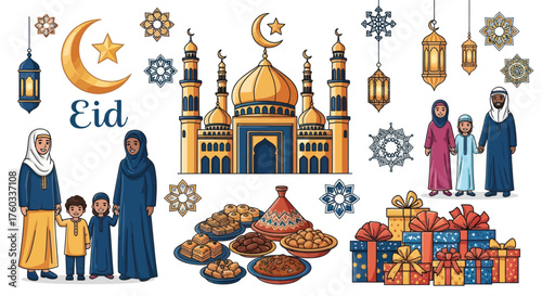 Eid Mubarak Illustration with Mosque Crescent Moon Families Gifts and Traditional Food.