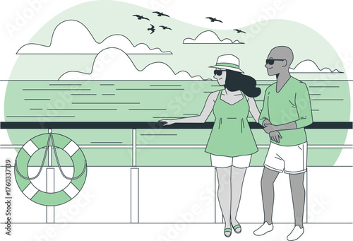 Couple enjoying a scenic view on a boat deck with a life preserver Keywords: couple, boat, sea, ocean, travel, vacation, leisure, railing, life preserver, birds, clouds, water, horizon, summer
