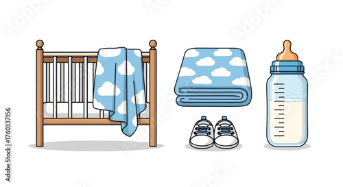 Cartoon Baby Crib with Blanket Bottle and Shoes.