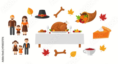 Festive Thanksgiving Dinner Scene with Family and Traditional Foods.