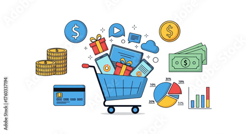 Digital Shopping Cart with Financial and Media Icons.