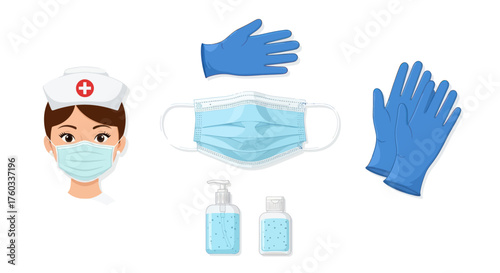 Medical Protective Equipment: Nurse Mask Gloves and Sanitizer for Healthcare Professionals.