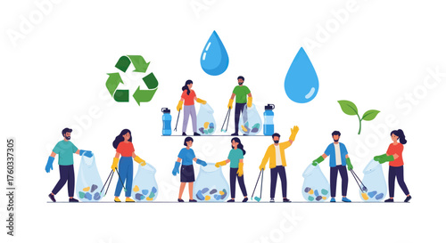 Group of People Cleaning Up Litter Recycling and Protecting Environment.