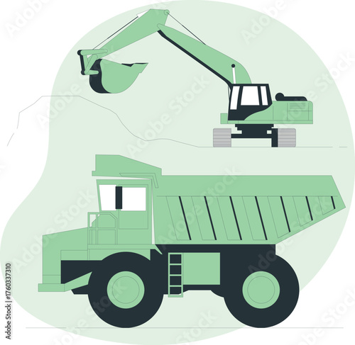 Excavator and dump truck on a construction site illustration digger