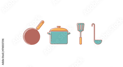 Colorful cartoon kitchenware icon set featuring a frying pan pot spatula and ladle.
