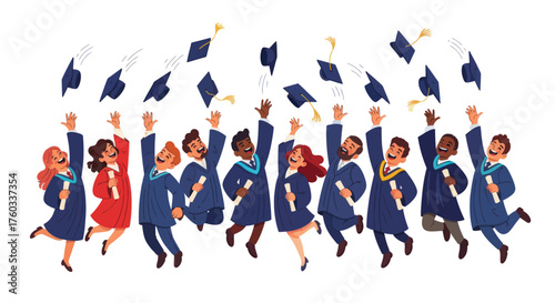 Group of Graduates Tossing Caps in Celebration of Graduation Day.