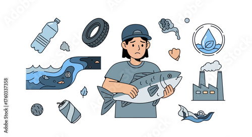 Concerned Person Holding Fish Surrounded by Pollution Symbols.