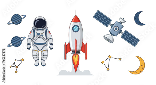 Space Exploration Elements: Astronaut Rocket Satellite Planets Constellations and Moons.
