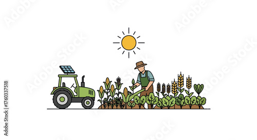 Farmer Tending Crops with Solar Tractor Under Sun Illustration.