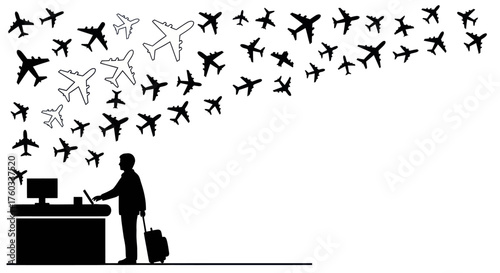Silhouette of a person at a counter with a suitcase surrounded by a swarm of airplanes.