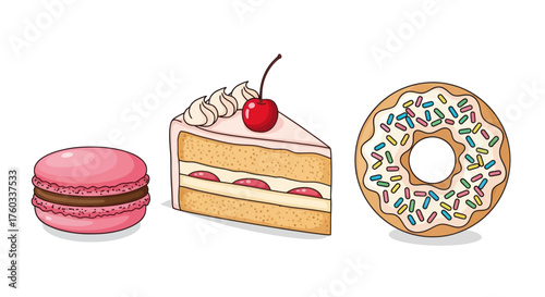 A slice of cake a pink macaron and a frosted donut with sprinkles.