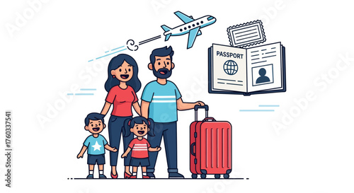 A happy cartoon family of four with luggage a passport and an airplane ready for a vacation trip.