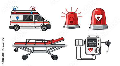 Emergency Medical Service Vector Icons: Ambulance Stretcher Defibrillator and Warning Lights.